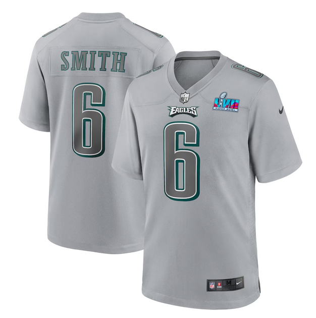 Men's Grey Philadelphia Eagles #6 DeVonta Smith Super Bowl LVII Patch Atmosphere Fashion Stitched Game Jersey